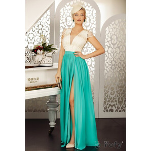 Rochie de seara lunga turquoise Fofy cu bust ecru din dantela 3D