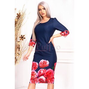 Rochie de zi bleumarin cu imprimeu floral si maneca trei sferturi