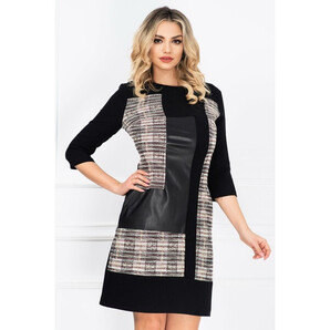 Rochie de zi neagra cu imprimeu geometric si insertie din piele ecologica