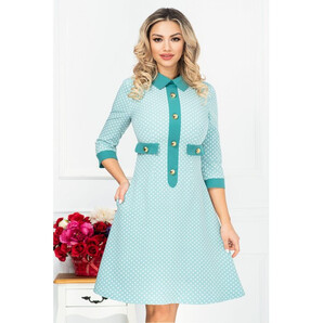 Rochie de zi turquoise pudrat cu buline albe si nasturi aurii