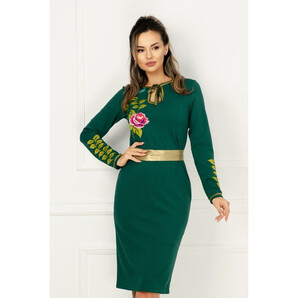 Rochie de zi Venezia verde cu broderie florala si cordon detasabil in talie