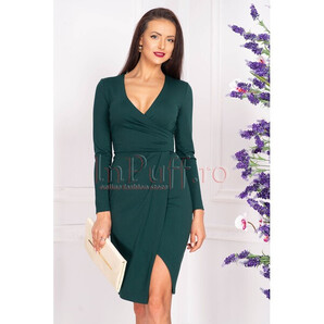 Rochie de zi verde midi din stofa cu decolteu in V petrecut si maneca lunga