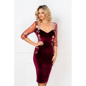 Rochie MBG de ocazie bordo trei sferturi mulata din catifea bordo cu broderie florala