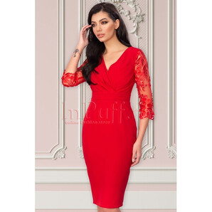 Rochie MBG eleganta rosie cu maneci brodate