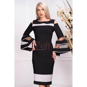 Rochie MBG neagra de ocazie midi conica din stofa cu umeri decupati si maneca tip clopot