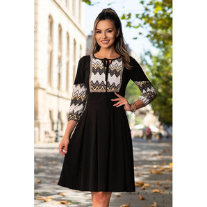 Rochie Moze de zi neagra cu imprimeu geometric midi cu pliuri late in talie