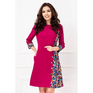 Rochie office in A fucsia cu insertii multicolore imprimate