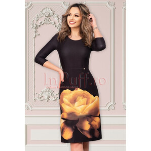 Rochie Pretty Girl neagra de ocazie midi cu imprimeu floral si maneca trei sferturi