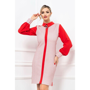 Rochie rosie eleganta cu imprimeu buline discrete si brosa detasabila