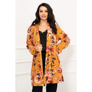 Blazer dama lejer mustar cu imprimeu floral si cordon in talie