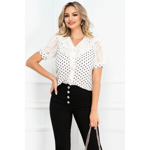 Bluza alba din crep cu maneci din dantela si buline negre