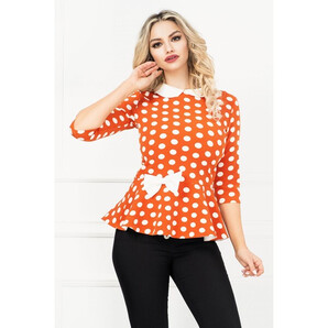 Bluza InPuff caramizie cu buline si peplum cu funda ecru in talie