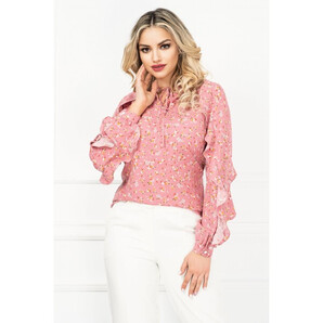 Bluza InPuff roz cu flori multicolore delicate si volane pe maneci