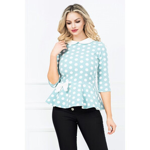 Bluza InPuff turquoise cu buline si peplum cu funda ecru in talie