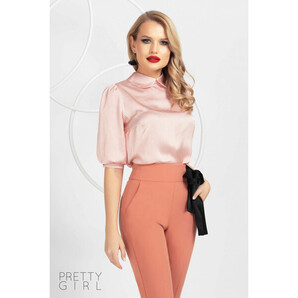 Bluza Pretty Girl somon cu imprimeu pied cu coq si maneci bufante