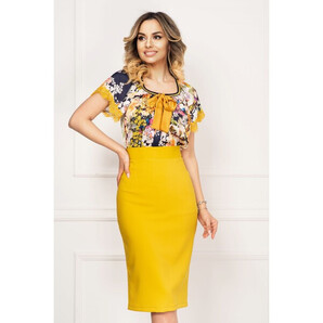 Bluza Venezia lejera cu imprimeu floral si fundita mustar