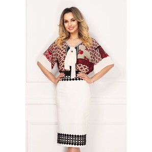 Fusta conica Venezia ecru cu aplicatii brodate geometrice si talie inalta