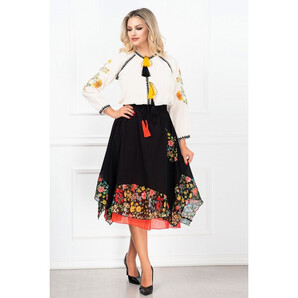 Fusta neagra in clos traditionala din bumbac cu insertii florale