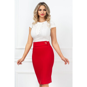 Fusta office InPuff conica rosie cu banda in talie si nasture maxi