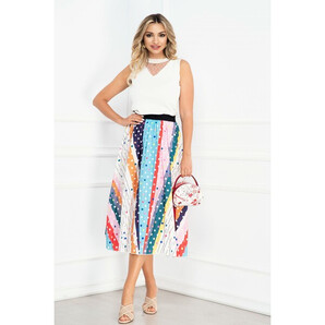 Fusta plisata multicolora cu imprimeu dungi si buline
