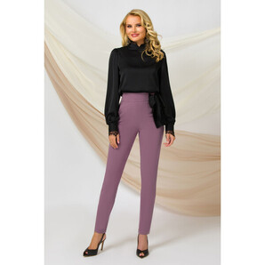 Pantaloni dama office lila Pretty Girl cu talie inalta si funda neagra satinata