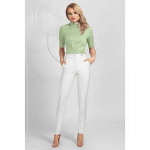 Pantaloni Pretty Girl office ecru cu nasturi tip perla si nervura