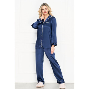 Pijama eleganta bleumarin din satin cu vipusca rose