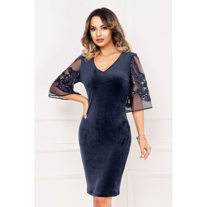 Rochie dama din catifea bleumarin Vera cu maneci tip clopot din tulle cu paiete