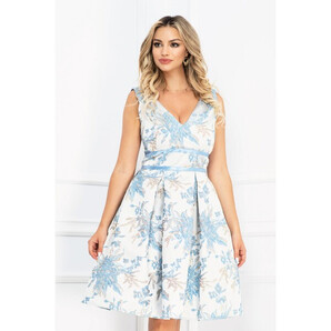 Rochie de ocazie din brocard bleu InPuff cu flori 3D si insertii aurii