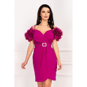 Rochie de ocazie fucsia eleganta petrecuta cu volane ample la maneca