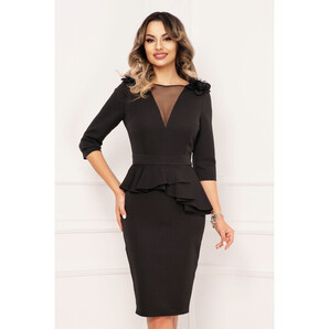 Rochie de ocazie InPuff eleganta neagra cu peplum si flori decorative pe umeri