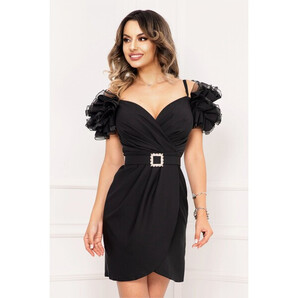 Rochie de ocazie neagra eleganta petrecuta cu volane ample la maneca