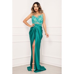 Rochie de seara de lux eleganta tip sirena turquoise cu flori 3D si fronseuri
