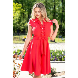Rochie de zi eleganta InPuff corai in clos cu volanase si funda stilizata