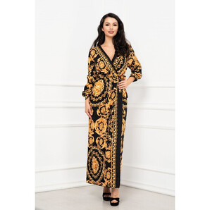 Rochie de zi lunga neagra petrecuta cu imprimeu golden