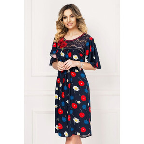 Rochie de zi Venezia bleumarin cu print floral si broderie 3D