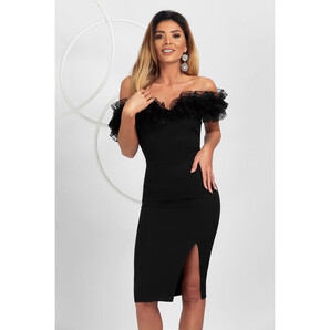 Rochie eleganta de ocazie Pretty Girl neagra cu umeri goi si volane