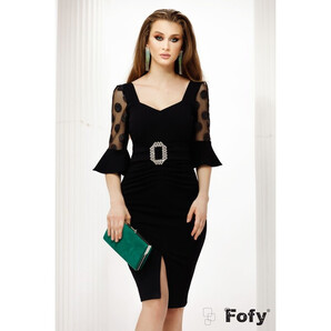 Rochie eleganta Fofy de ocazie neagra cu maneci din tulle si buline