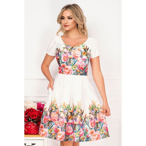 Rochie eleganta InPuff din tafta alba in clos cu imprimeu floral