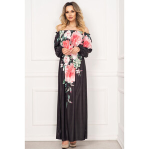 Rochie eleganta lunga neagra din voal satinat cu imprimeu floral