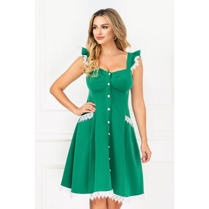 Rochie InPuff verde cu volanase la umeri si broderie aplicata