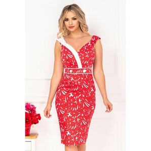 Rochie MBG cu imprimeu floral rosu si rever bicolor