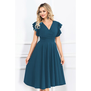 Rochie midi de zi Zoya in clos turquoise cu volane la umeri By InPuff