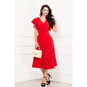 Rochie midi de zi Zoya rosie in clos cu volane la umeri By InPuff