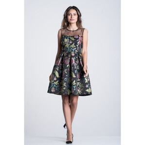 Rochie neagra din jacquard cu print floral corai-verde