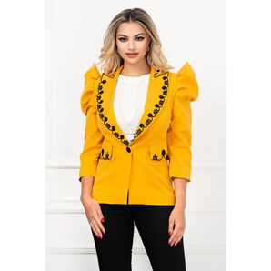 Sacou elegant Effect mustar cu broderie si umeri supradimensionati