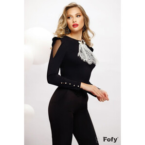 Bluza dama Fofy neagra cambrata accesorizata cu brosa detasabila la gat