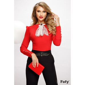 Bluza dama Fofy rosie cambrata accesorizata cu brosa detasabila la gat