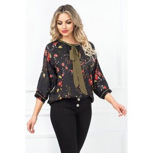 Bluza dama Venezia neagra cu imprimeu floral si funda kaki