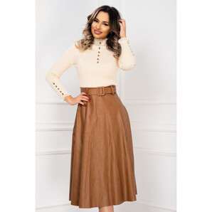 Fusta dama midi camel in clos din piele ecologica si curea in talie